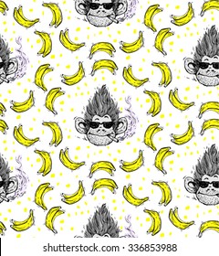 print, seamless pattern with smoking monkey face with glasses, banana, a symbol 2016, vector illustration