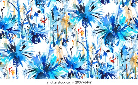 print/ seamless pattern with thickets of cornflowers flowers, abstract watercolor background/ vector Illustration