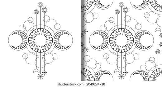 Print and seamless pattern from triple moon magic and astronomy symbol