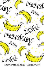 print, seamless pattern with with yellow bananas, inscription "monkey 2016" on a white background, vector illustration