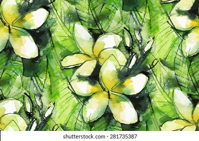 print/ seamless pattern with yellow plumeria with green leaves/ frangipani/ watercolor sketch/ vector illustration