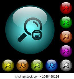 Print search results icons in color illuminated spherical glass buttons on black background. Can be used to black or dark templates