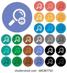 Print search results multi colored flat icons on round backgrounds. Included white, light and dark icon variations for hover and active status effects, and bonus shades on black backgounds.