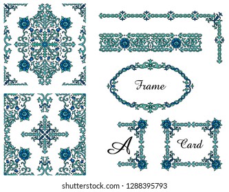 Print
A selection of ornamental frames, borders, elements for the background and letters in turquoise-blue colors.