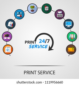 Print service flat icons concept. Vector illustration. Element template for design.