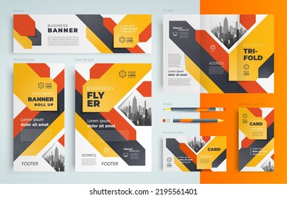 Print set actions arrows stripes theme Set template flyer cover, trifold, banner, roll up banner, business card orange color