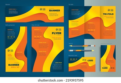 Print set curve wave theme template flyer cover, trifold, banner, roll up banner, business card orange and blue color