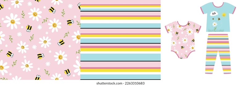 Print set with cute bees, daisies and strip. Cute design pajamas on a hanger. Baby background for clothes, kids wear fashion, fabric design