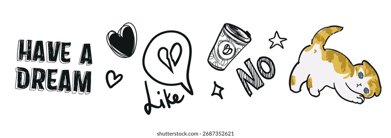 Imprimir Un conjunto de Elementos de diseño para chicas adolescentes, bocetos y un gato en Vector para textiles y diseño. Ilustración vectorial