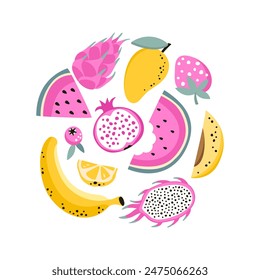 Print with set of fruits. Watermelon, dragon fruit, mango, banana, pomegranate, lemon and strawberry. For creating your own cards and patterns. Vector illustration