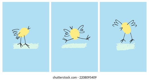 Pintar gallinas divertidas, pájaros pequeños, pollitos. Perfecto para los niños. Cachorros, perros, garabatos aterradores sobre fondo blanco