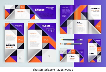 Print set geometric theme squares and triangles Set template flyer cover, trifold, banner, roll up banner, business card violet and orange color