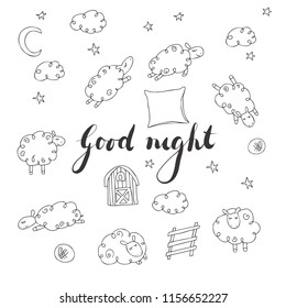 Print with a set of sheeps and Good Night lettering. Vector illustration. Hand drawn.