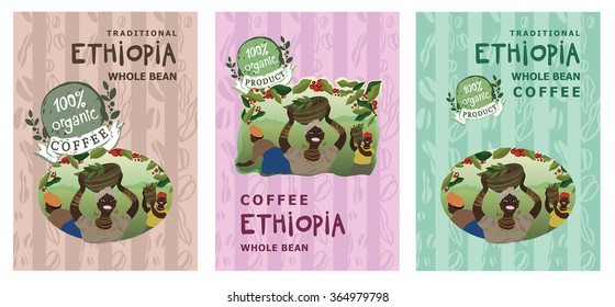 Print Set of vector coffee labels with colorful illustrations in naive style. Coffee production in Ethiopia