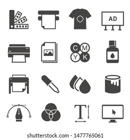 Print shop black and white glyph icons set. Graphic design, editor monochrome symbols pack. Printer, paint bucket, ink bottle and t shirt outline vector illustrations isolated on white background