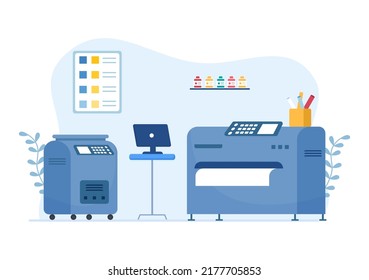 Illustration der Druckerei mit Produktionsprozess im Druckhaus und Maschinen zum Betrieb großer Dateidrucker in Flachstil-Cartoons