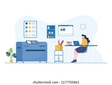 Print Shop Illustration with Production Process at Printing House and Machines for Operating big File Printers in Flat Style Cartoon