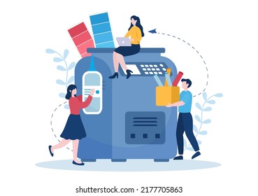 Print Shop Illustration With Production Process At Printing House And Machines For Operating Big File Printers In Flat Style Cartoon