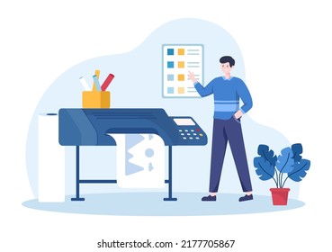 Print Shop Illustration with Production Process at Printing House and Machines for Operating big File Printers in Flat Style Cartoon