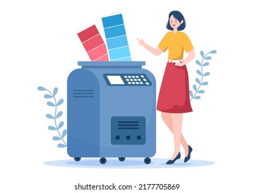 Print Shop Illustration With Production Process At Printing House And Machines For Operating Big File Printers In Flat Style Cartoon