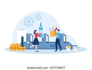 Imprimir Ver Ilustración con Proceso de Producción en imprenta y máquinas para operar grandes impresoras de archivos en caricatura de estilo plano