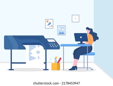 Print Shop Illustration with Production Process at Printing House and Machines for Operating big File Printers in Flat Style Cartoon