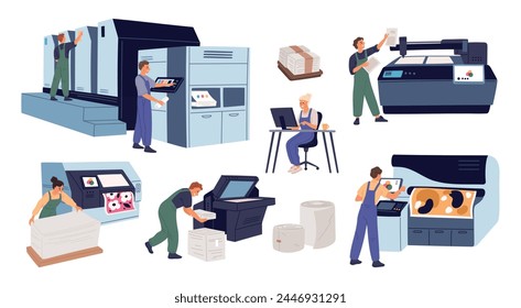 Print shop workers. Polygraphy equipment. Copying and printing machines. Books publishing. Posters and brochures typography production. People working at photocopier