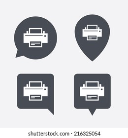 Print sign icon. Printing symbol. Print button. Map pointers information buttons. Speech bubbles with icons. Vector