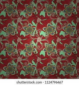 Print for silk, calico and home textiles. Seamless background with cute simple flowers in green, brown and red colors. Vintage natural pattern. Design for cloth, wallpaper, gift wrapping.
