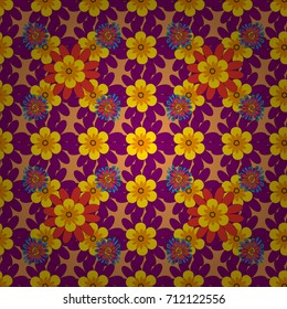 Print for silk, calico and home textiles. Design for cloth, wallpaper, gift wrapping. Vector vintage natural pattern. Seamless background with cute simple flowers in yellow, orange and purple colors.