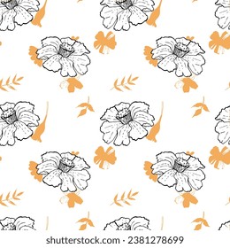 print from sketches of marigolds, seamless pattern for textiles and interior. vector pattern of flowers and leaves