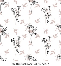 print from sketches of marigolds, seamless pattern for textiles and interior. vector pattern of flowers and leaves