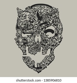 Print skull bird cat illustration t shirt happy tattoo 