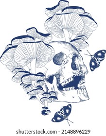 
Print skull   mushrooms in vintage style blue white