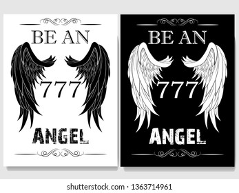 print with a slogan and beautiful large wings in black and white