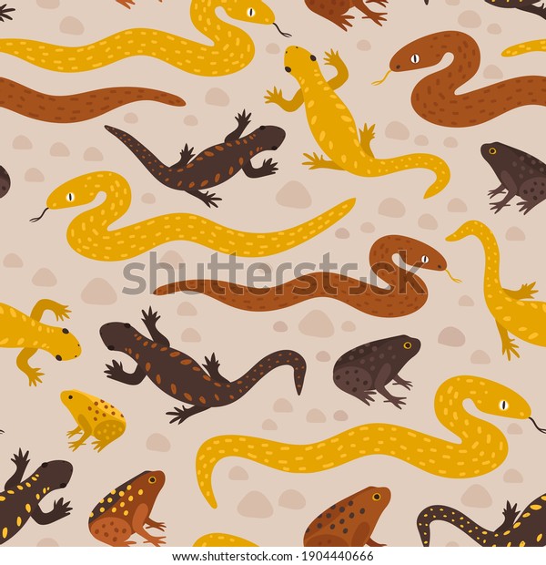 Print with snakes, salamanders, frogs. Reptile\
seamless background on sand with modern natural earth colors.\
Ground calm palette. Yellow brown. Hand drawn stylized amphibian.\
Surface patterт design