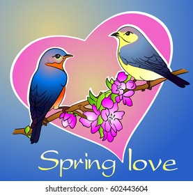 Print spring love, two birds on a blossoming branch on a background of hearts