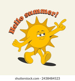 Print, sticker, poster "hello summer" with cartoon groovy character the sun isolated on a white background.Vector illustration in retro style of the 50s,60s,70s.