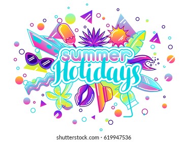 Print with stylized summer objects. Abstract illustration in vibrant color.