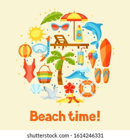 Print with summer and beach objects. Illustration of stylized items.