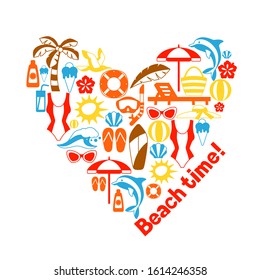 Print with summer and beach objects. Illustration of stylized items.