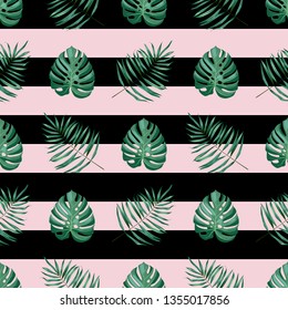 Print summer exotic jungle plant tropical palm leaves. Pattern, seamless floral vector on the black pink stripes background. Nature wallpaper.