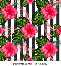 Print summer exotic jungle plant tropical palm leaves and flower red hibiscus. Pattern, seamless floral vector on the black white geometric background. Nature wallpaper.