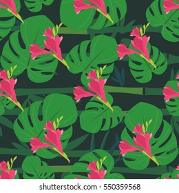 Print summer exotic jungle plant tropical palm leaves and flowers. Pattern, seamless floral vector. Nature wallpaper.
