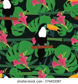 Print summer exotic jungle plant tropical palm leaves, toucan and flowers. Pattern, seamless floral vector. Nature wallpaper.