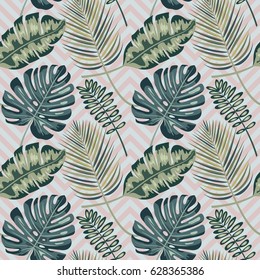 Print summer exotic jungle plant tropical palm leaves. Pattern, seamless floral vector on geometric background. Nature wallpaper.