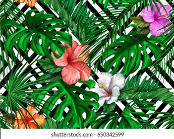 Print summer exotic jungle plant tropical palm leaves and flower red hibiscus. Pattern, seamless floral vector on the black white geometric background. Nature wallpaper