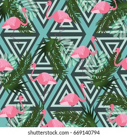 Print summer exotic jungle plant tropical palm leaves and pink flamingos.Pattern on the black white geometric background.For textile,texture,fabric,wallpaper,t-shirt design.Vector illustration.