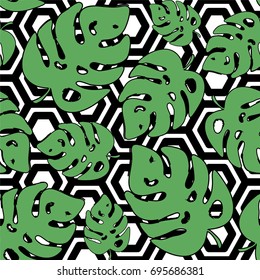 Print summer exotic jungle plant tropical palm leaves. Pattern, seamless floral vector on the black white geometric background. Nature wallpaper