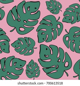 Print summer exotic jungle plant tropical palm leaves. Pattern, seamless floral vector on the pink background. Nature wallpaper